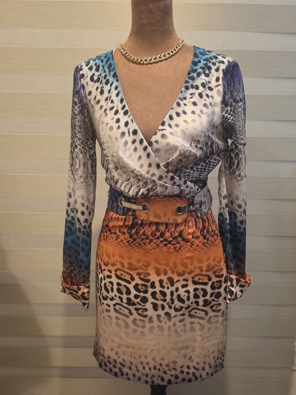 Marciano Long-Sleeve Animal Print Wrap Dress in Blue and Orange